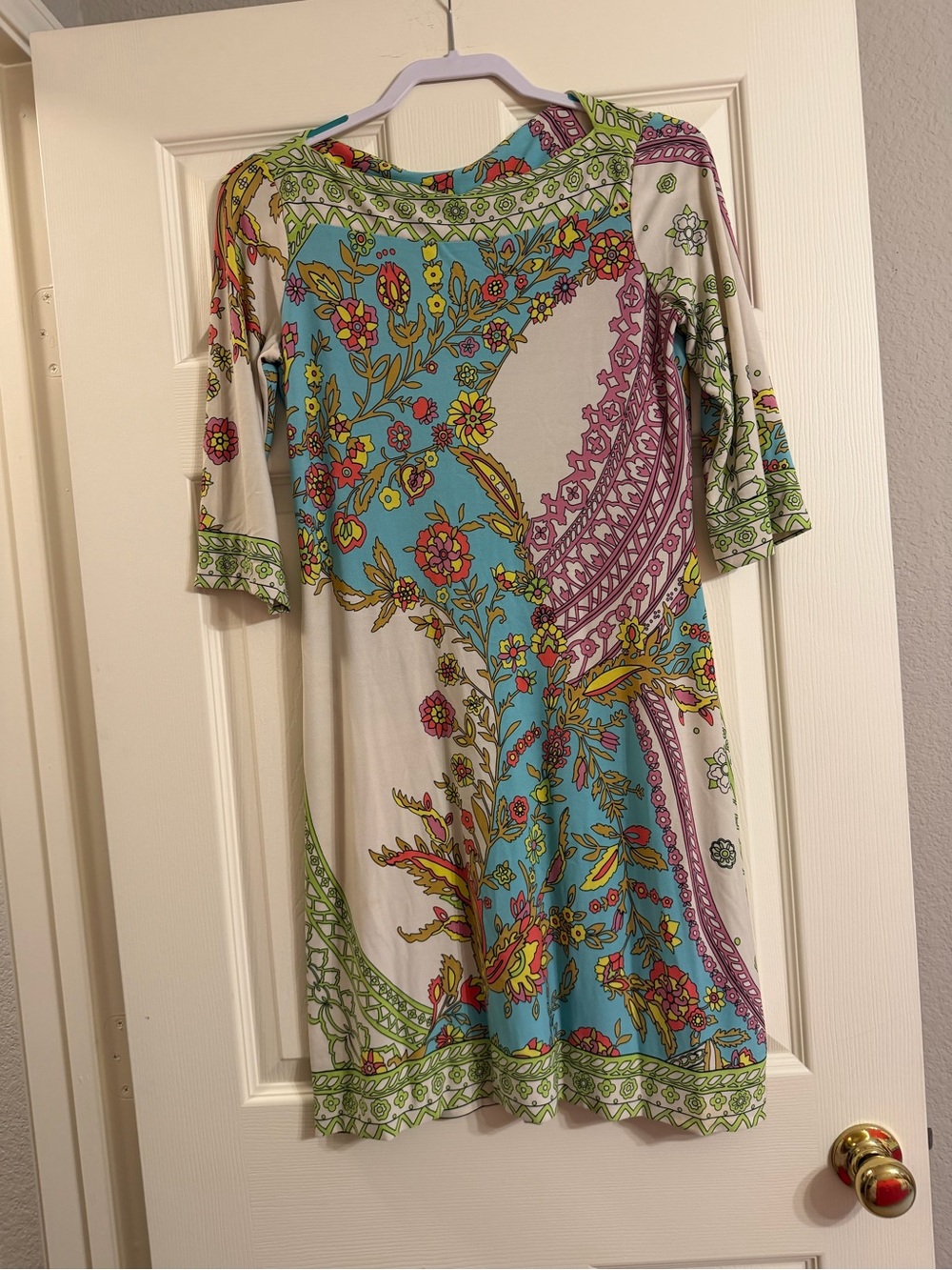 Donna Morgan Cream Tunic Dress with Turquoise, Pink & Green Paisley Floral Print